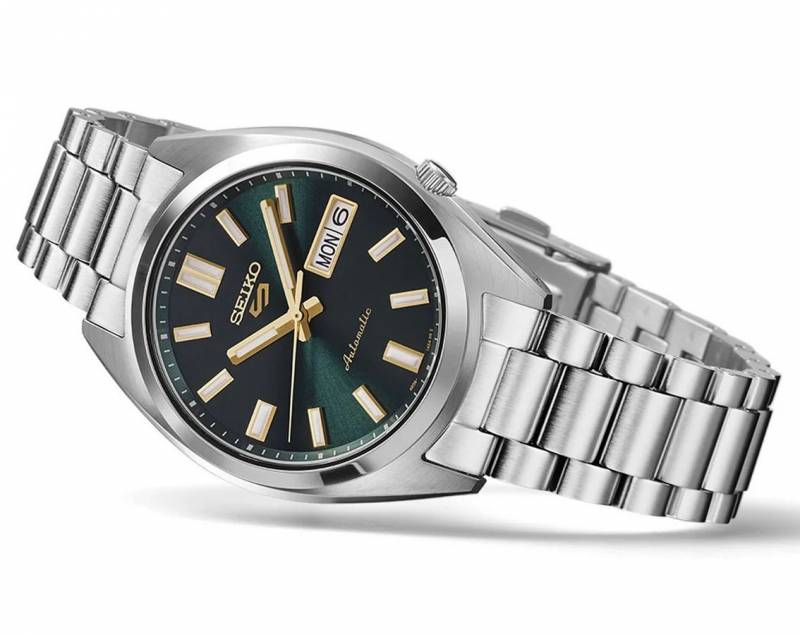 Seiko_o 5 Sports SNXS Automatic silver green and yellow niddle