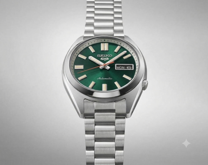 Seiko_o 5 Sports SNXS Automatic silver green and yellow niddle